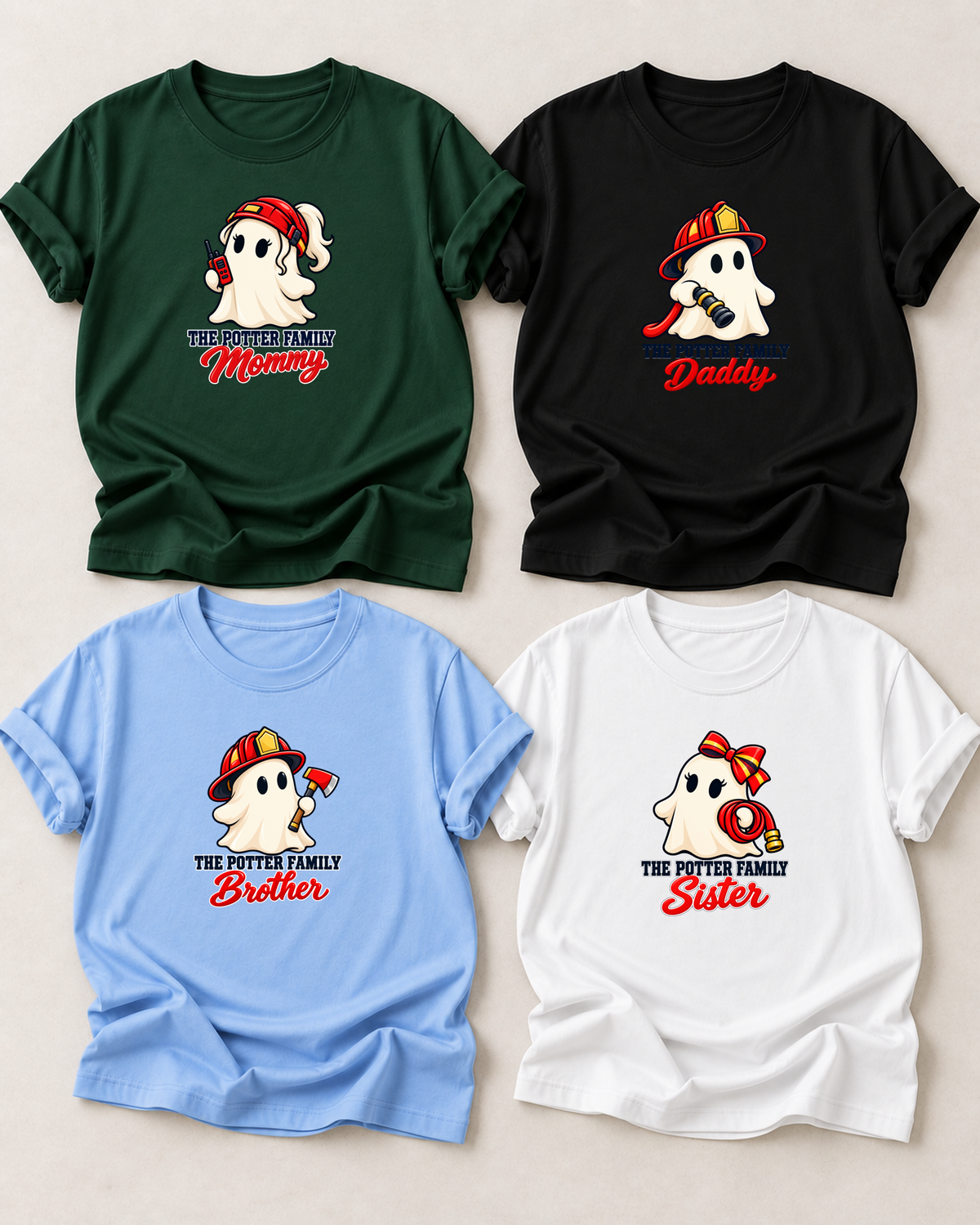 Family overview of four personalized Halloween ghost shirts: Dad in Black, Mom in Dark Green, Brother in Light Blue, and Sister in White; each has a role-specific design with firefighter ghost characters with red helmets, fire hose, axe, and radio details.