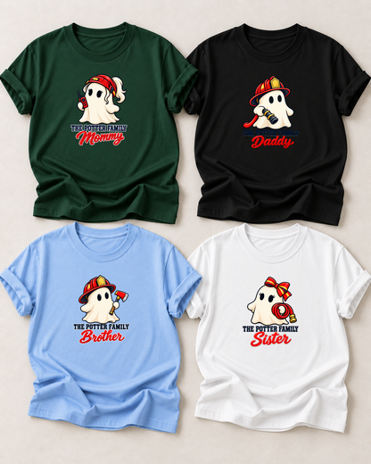 Family overview of four personalized Halloween ghost shirts: Dad in Black, Mom in Dark Green, Brother in Light Blue, and Sister in White; each has a role-specific design with firefighter ghost characters with red helmets, fire hose, axe, and radio details.