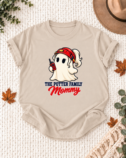 Mommy's Sand personalized Halloween shirt mockup with a firefighter ghost in a red helmet with rescue details, sample family lettering, and the role label.