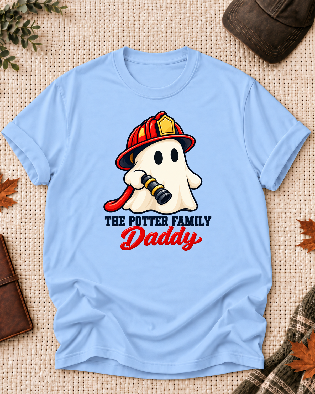 Daddy's Light Blue personalized Halloween shirt mockup with a firefighter ghost in a red helmet with an axe and radio details, sample family lettering, and the role label.