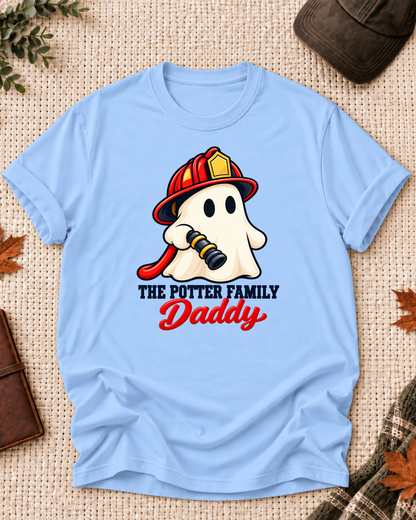 Daddy's Light Blue personalized Halloween shirt mockup with a firefighter ghost in a red helmet with an axe and radio details, sample family lettering, and the role label.
