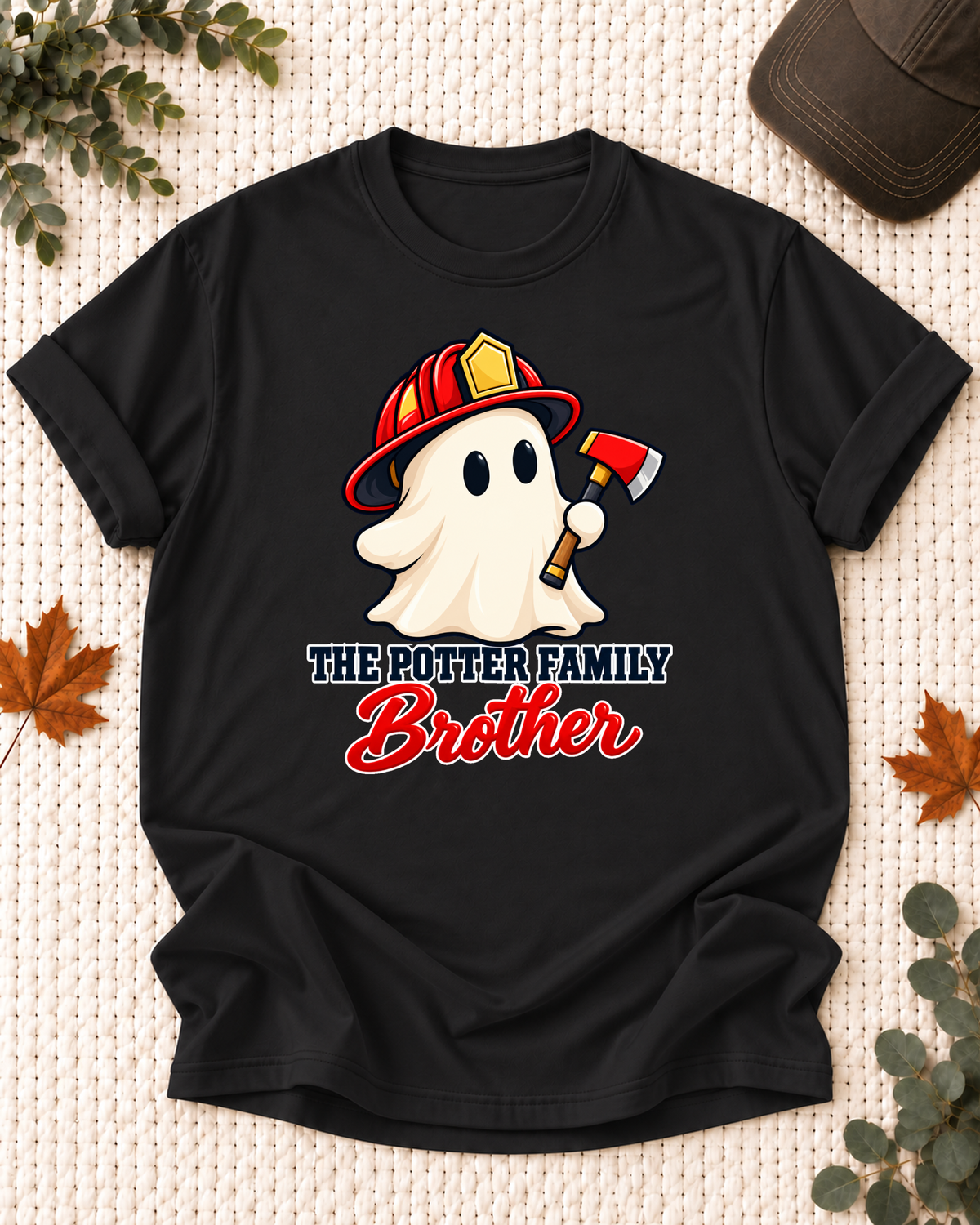 Brother's Black personalized Halloween shirt mockup with a firefighter ghost in a red helmet with fire hose accents, sample family lettering, and the role label.