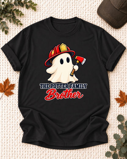 Brother's Black personalized Halloween shirt mockup with a firefighter ghost in a red helmet with fire hose accents, sample family lettering, and the role label.