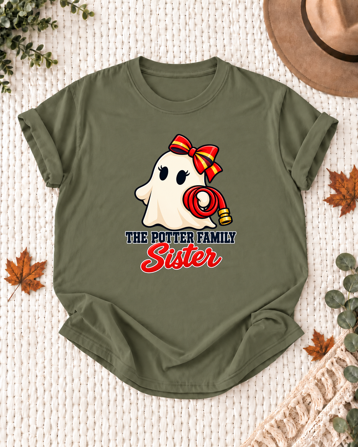 Sister's Olive personalized Halloween shirt mockup with a firefighter ghost in a red helmet with rescue-themed details, sample family lettering, and the role label.