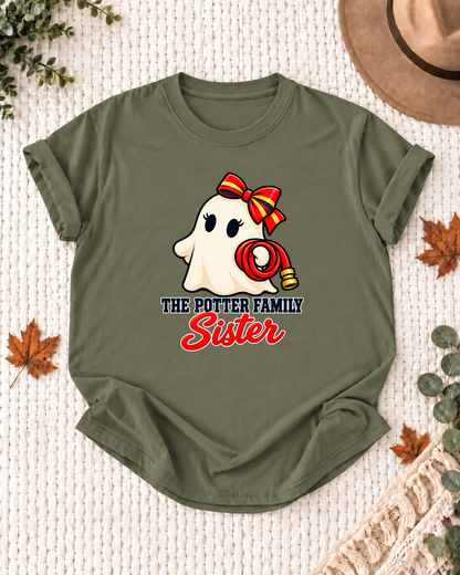 Sister's Olive personalized Halloween shirt mockup with a firefighter ghost in a red helmet with rescue-themed details, sample family lettering, and the role label.