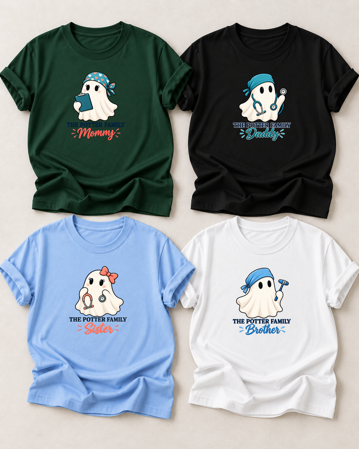 Family overview of four personalized Halloween ghost shirts: Dad in Black, Mom in Dark Green, Brother in White, and Sister in Light Blue; each has a role-specific design with healthcare ghost characters with teal and blue scrub caps, stethoscopes, and clinical tool accents.
