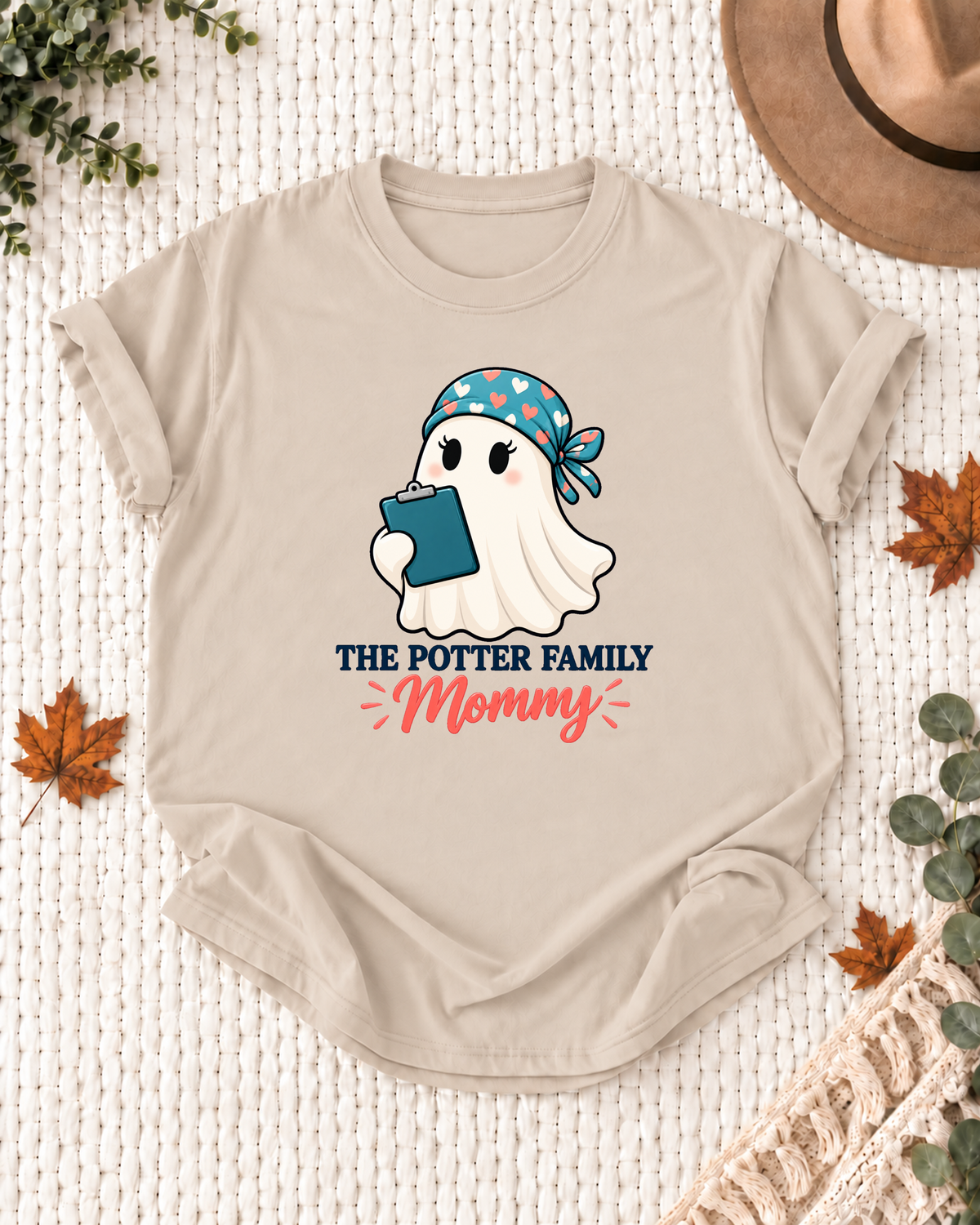 Mommy's Sand personalized Halloween shirt mockup with a healthcare ghost with a scrub cap and stethoscope, sample family lettering, and the role label.