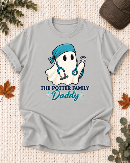 Daddy's Ash Grey personalized Halloween shirt mockup with a healthcare ghost with a scrub cap and clinical details, sample family lettering, and the role label.