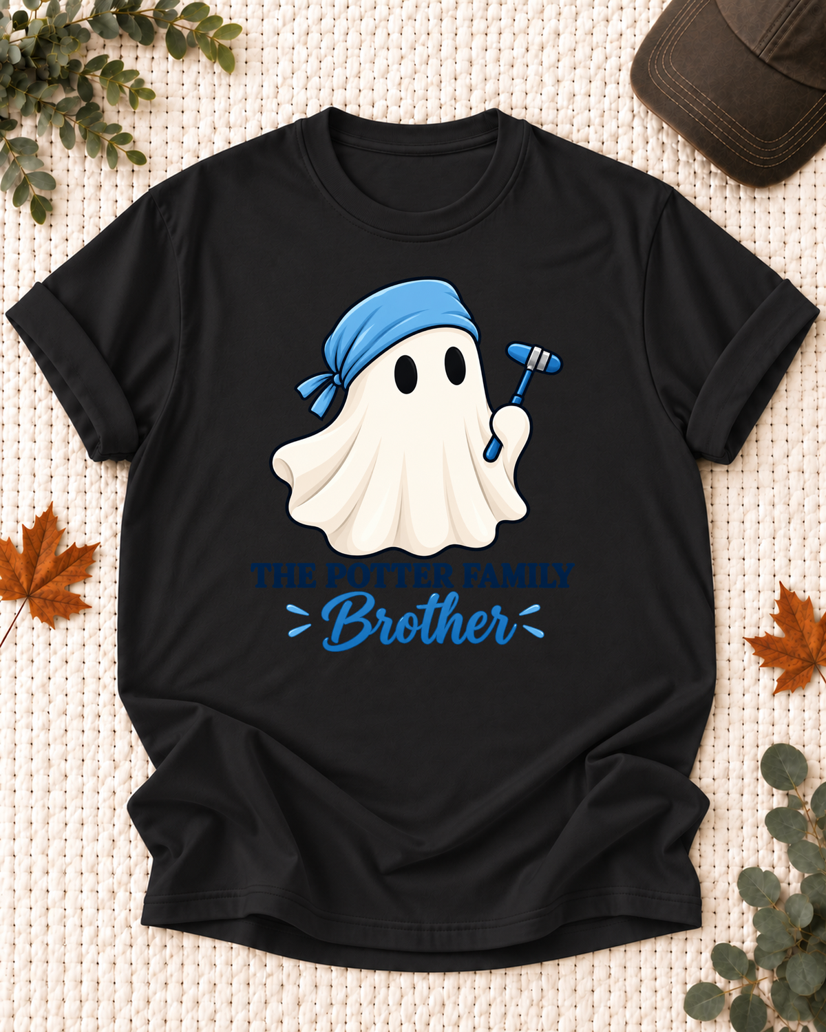 Brother's Black personalized Halloween shirt mockup with a healthcare ghost with a clipboard and stethoscope accents, sample family lettering, and the role label.