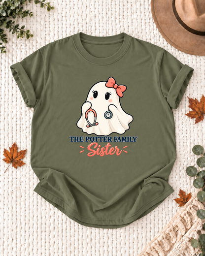 Sister's Olive personalized Halloween shirt mockup with a healthcare ghost with a scrub cap and reflex hammer details, sample family lettering, and the role label.