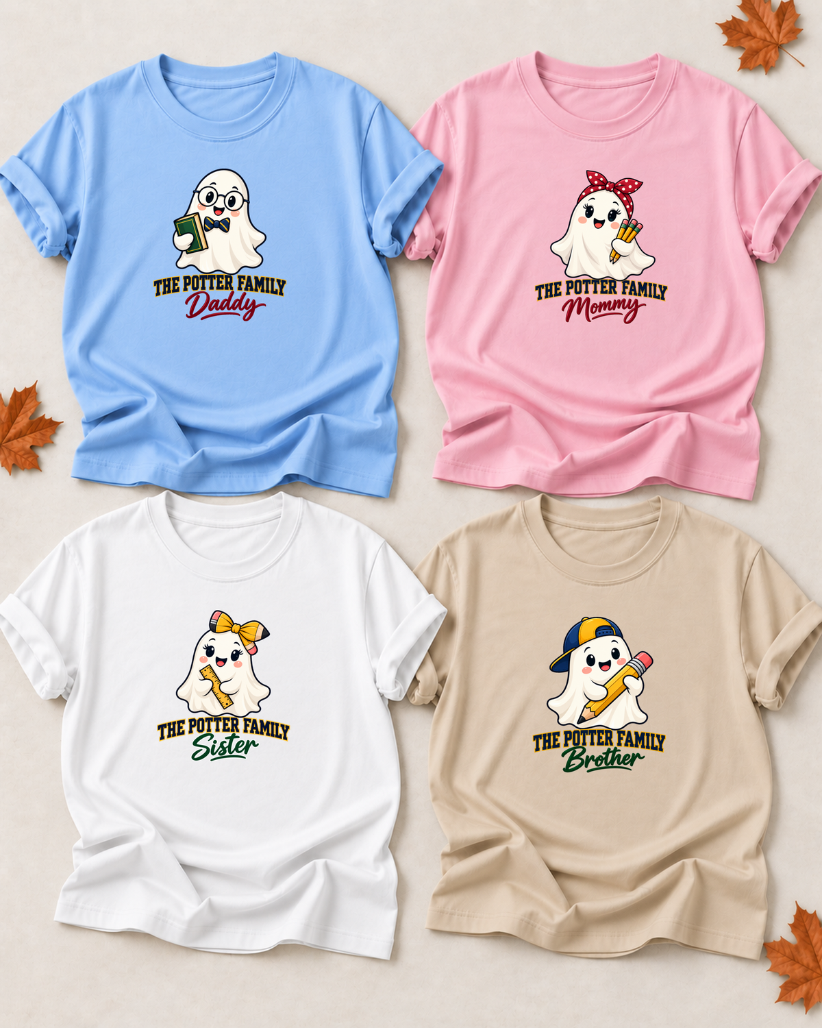 Family overview of four personalized Halloween ghost shirts: Dad in Light Blue, Mom in Light Pink, Brother in Sand, and Sister in White; each has a role-specific design with schoolhouse ghost characters with pencils, books, ruler, glasses, bow tie, and school bow details.