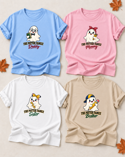Family overview of four personalized Halloween ghost shirts: Dad in Light Blue, Mom in Light Pink, Brother in Sand, and Sister in White; each has a role-specific design with schoolhouse ghost characters with pencils, books, ruler, glasses, bow tie, and school bow details.