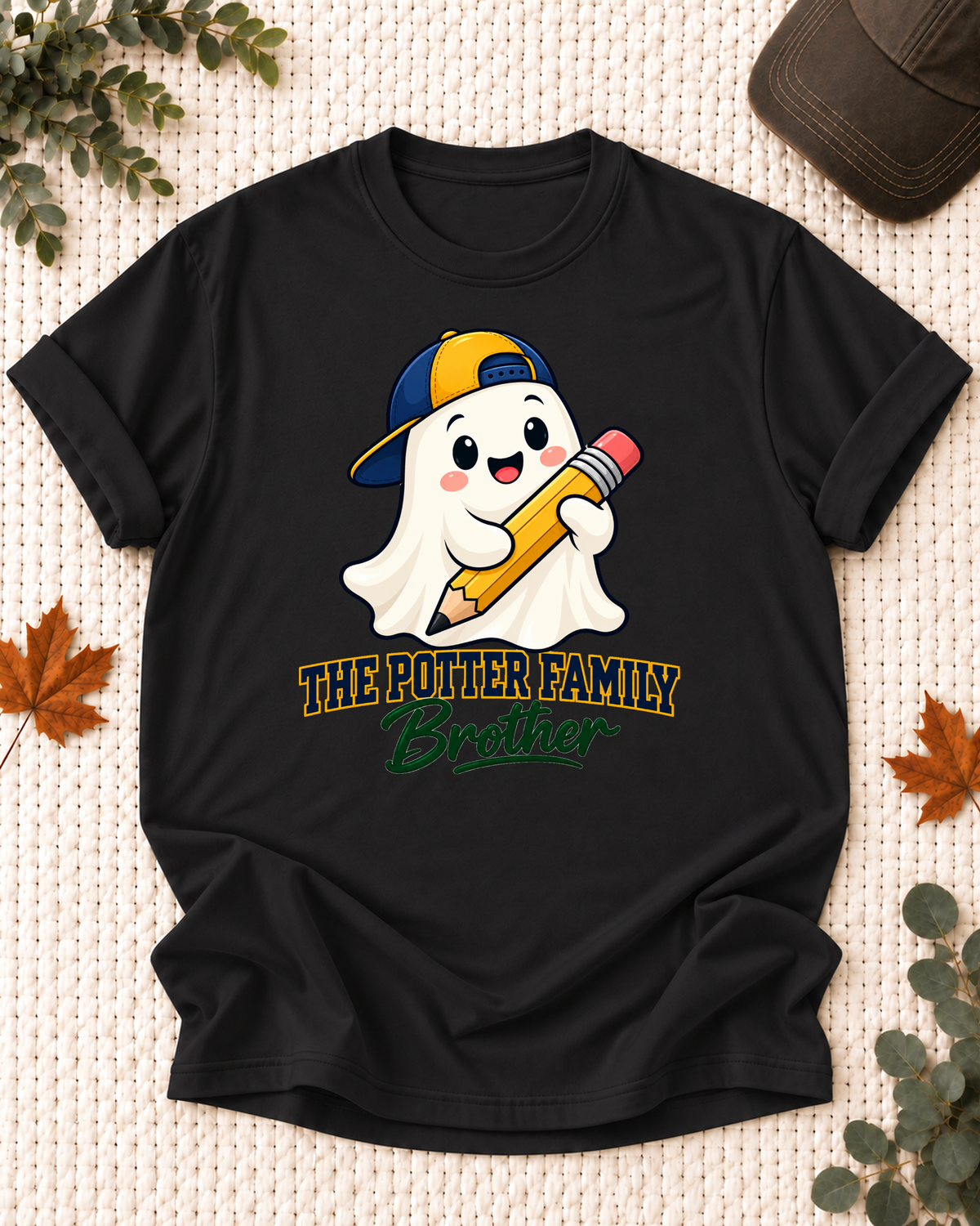 Brother's Black personalized Halloween shirt mockup with a schoolhouse ghost with pencils and classroom details, sample family lettering, and the role label.