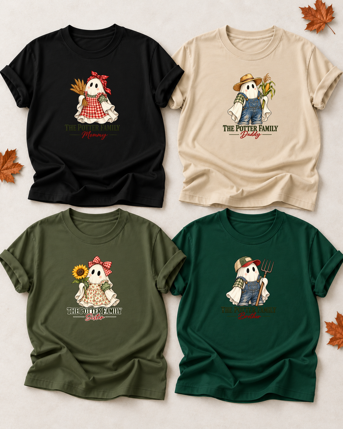 Family overview of four personalized Halloween ghost shirts: Dad in Sand, Mom in Black, Brother in Dark Green, and Sister in Olive; each has a role-specific design with farm and harvest ghost characters with wheat, corn, overalls, pitchfork, and sunflower accents.