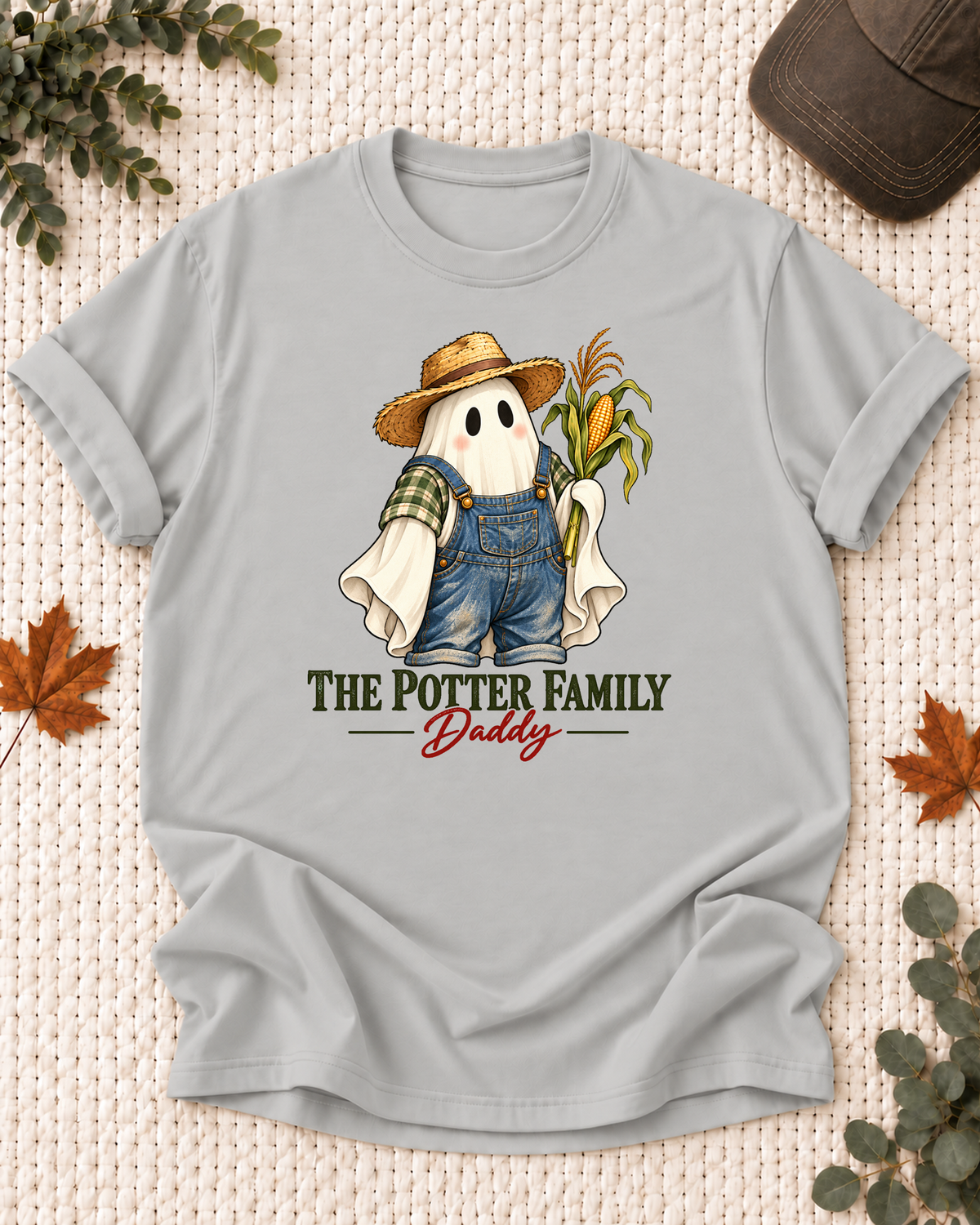 Daddy's Ash Grey personalized Halloween shirt mockup with a farm ghost with overalls and country harvest accents, sample family lettering, and the role label.