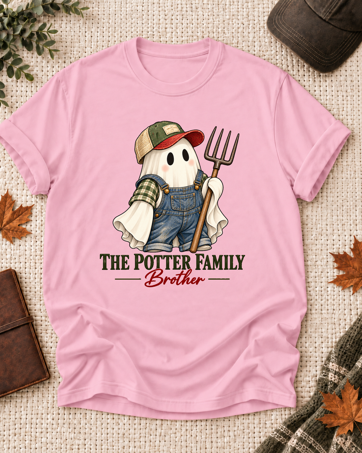 Brother's Light Pink personalized Halloween shirt mockup with a farm ghost with corn and workwear details, sample family lettering, and the role label.