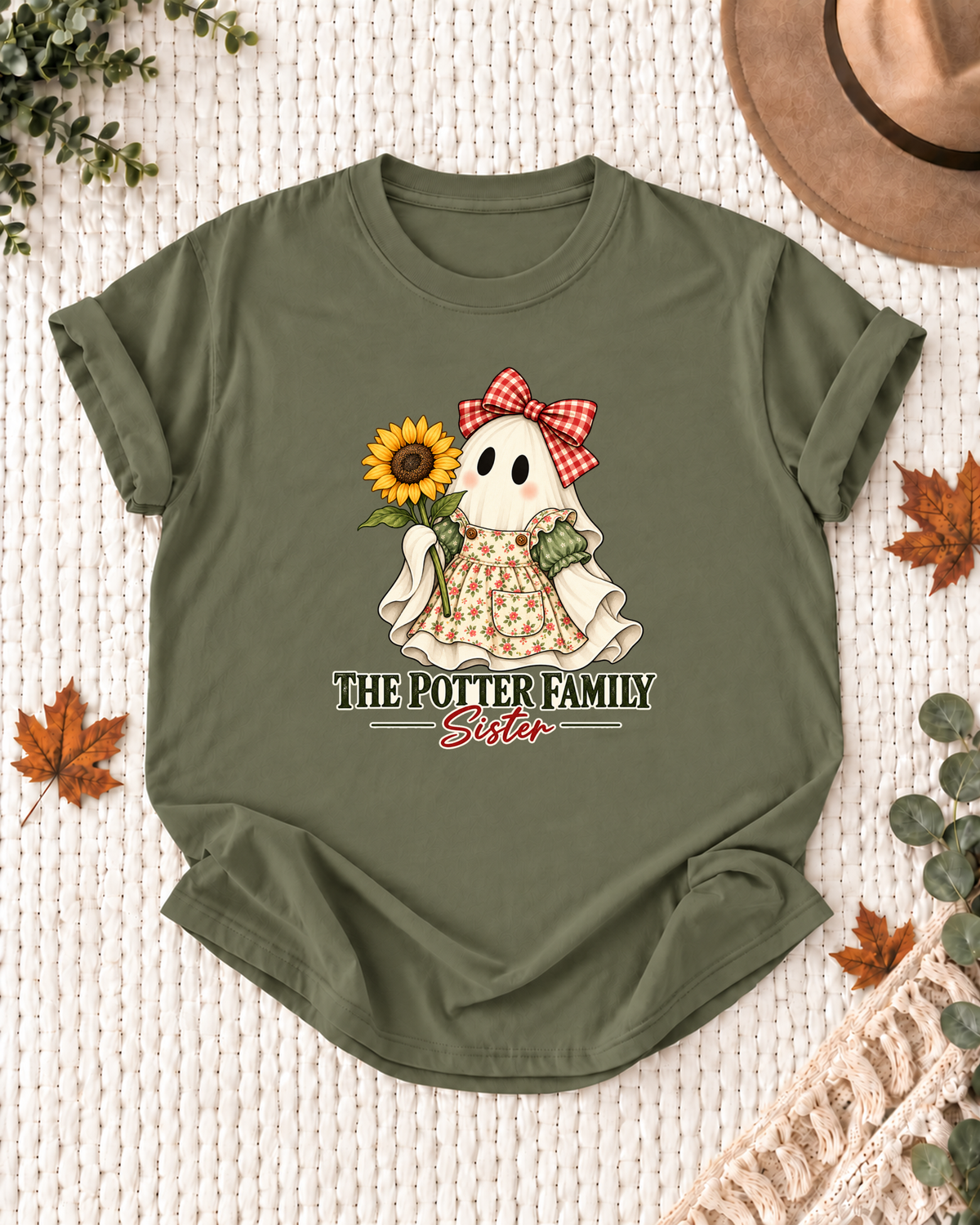 Sister's Olive personalized Halloween shirt mockup with a farm ghost with a sunflower and harvest accents, sample family lettering, and the role label.