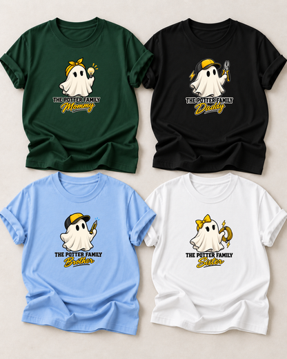 Family overview of four personalized Halloween ghost shirts: Dad in Black, Mom in Dark Green, Brother in Light Blue, and Sister in White; each has a role-specific design with electrician ghost characters with a bulb, pliers, screwdriver, electrical cord, and lightning accents.