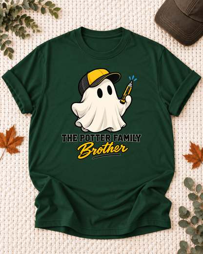 Brother's Dark Green personalized Halloween shirt mockup with an electrician ghost with screwdriver and lightning details, sample family lettering, and the role label.