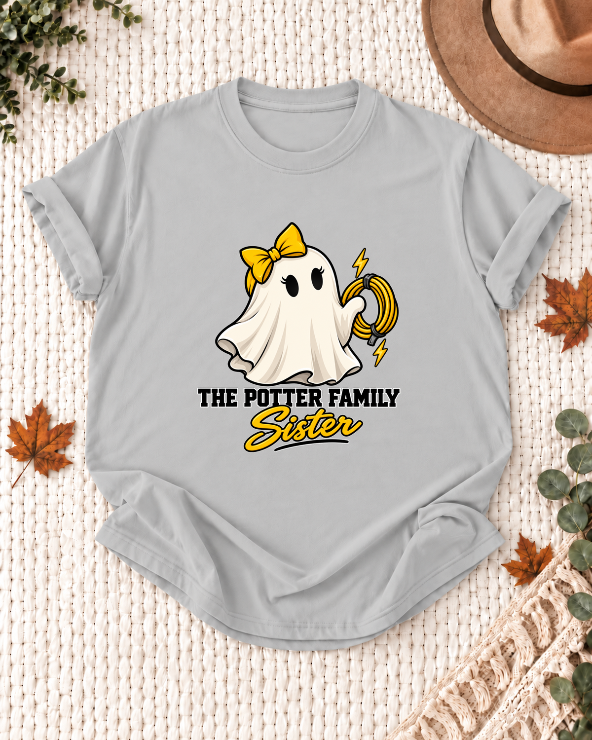 Sister's Ash Grey personalized Halloween shirt mockup with an electrician ghost with electrical cord and tool accents, sample family lettering, and the role label.