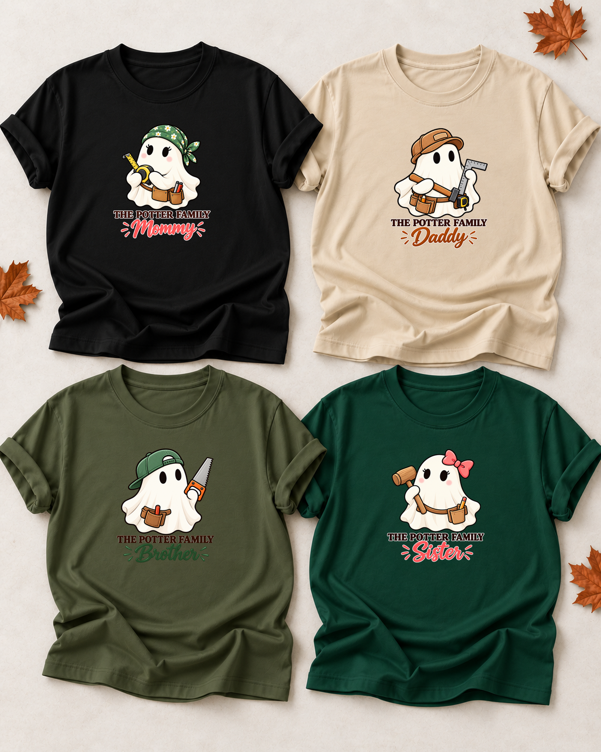 Family overview of four personalized Halloween ghost shirts: Dad in Sand, Mom in Black, Brother in Olive, and Sister in Dark Green; each has a role-specific design with carpenter ghost characters with measuring tools, saw, mallet, and tool belts.
