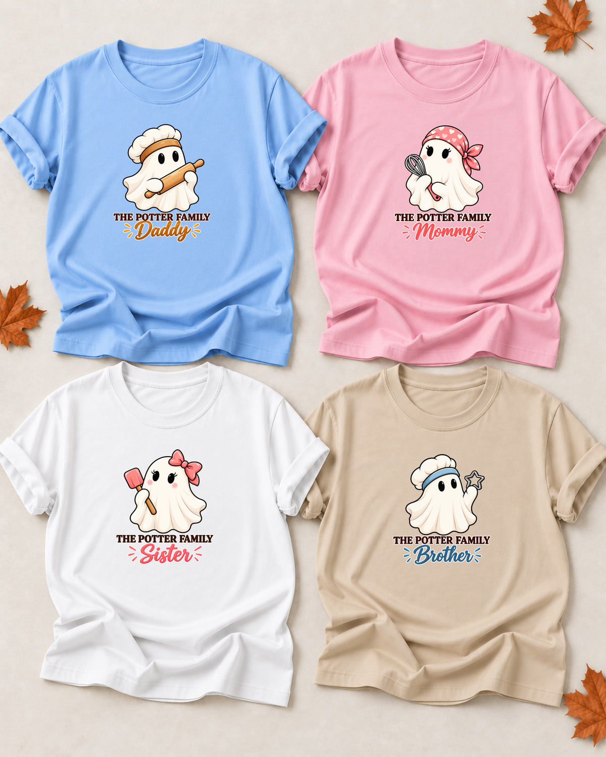 Family overview of four personalized Halloween ghost shirts: Dad in Light Blue, Mom in Light Pink, Brother in Sand, and Sister in White; each has a role-specific design with baking ghost characters with chef hats, whisk, rolling pin, cookie cutter, and spatula.