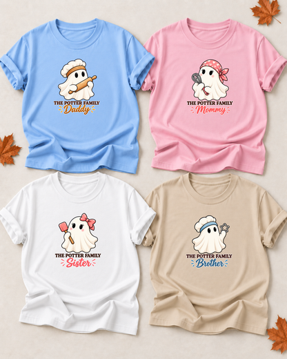 Family overview of four personalized Halloween ghost shirts: Dad in Light Blue, Mom in Light Pink, Brother in Sand, and Sister in White; each has a role-specific design with baking ghost characters with chef hats, whisk, rolling pin, cookie cutter, and spatula.