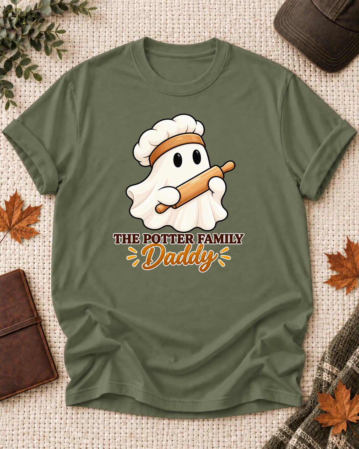 Daddy's Olive personalized Halloween shirt mockup with a baking ghost with a chef hat and rolling pin, sample family lettering, and the role label.