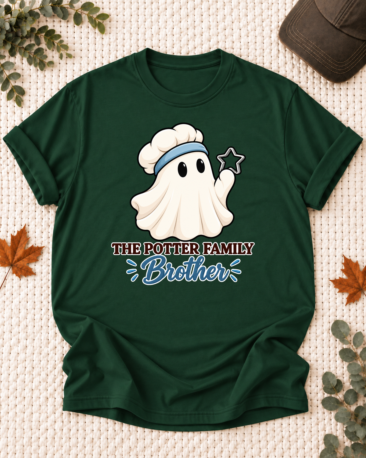 Brother's Dark Green personalized Halloween shirt mockup with a baking ghost with a cookie cutter and kitchen details, sample family lettering, and the role label.