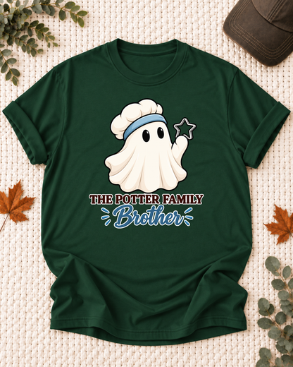 Brother's Dark Green personalized Halloween shirt mockup with a baking ghost with a cookie cutter and kitchen details, sample family lettering, and the role label.