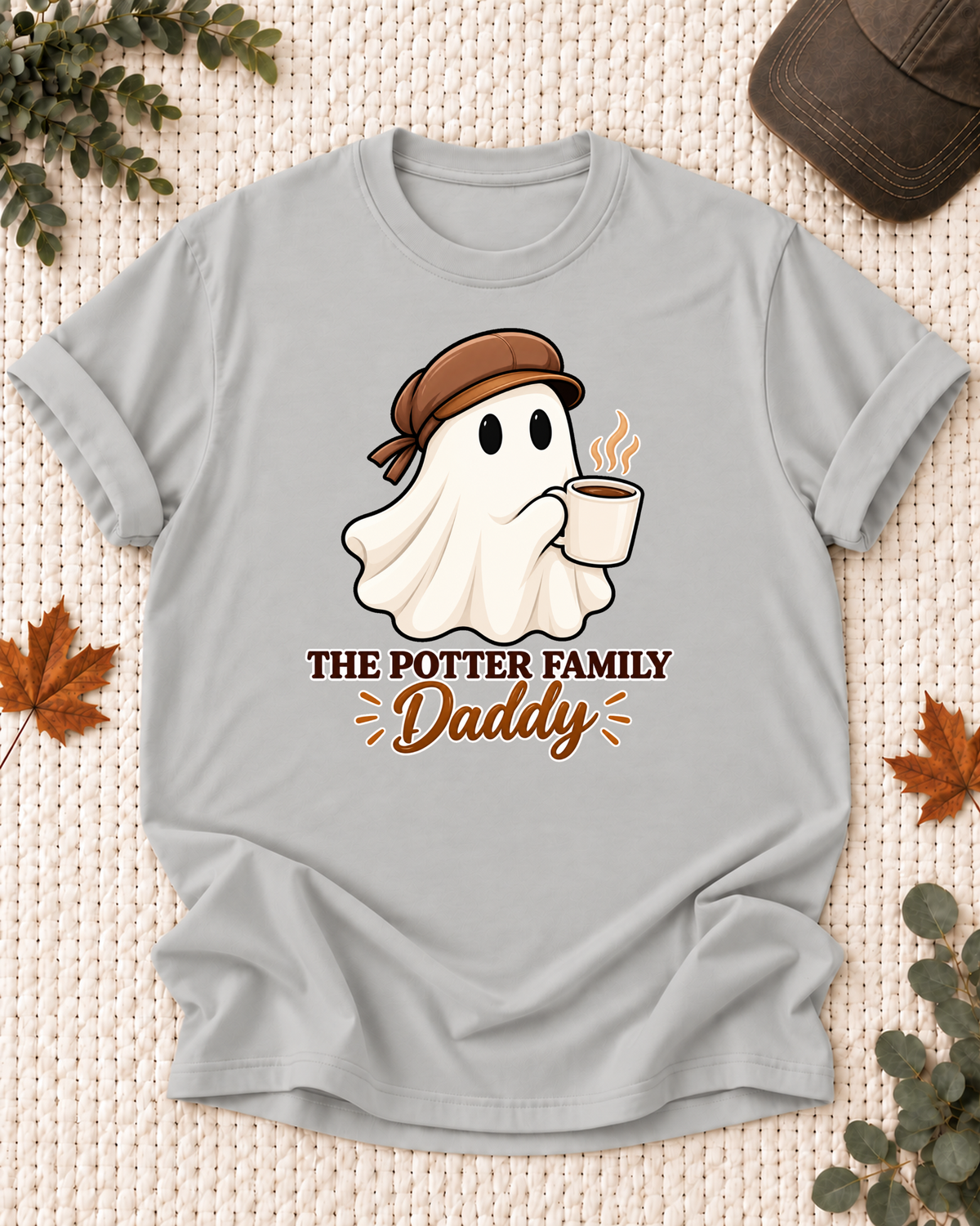 Daddy's Ash Grey personalized Halloween shirt mockup with a coffee ghost with a steaming cup, sample family lettering, and the role label.