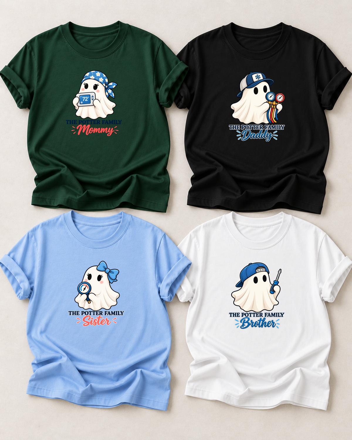 Family overview of four personalized Halloween ghost shirts: Dad in Black, Mom in Dark Green, Brother in White, and Sister in Light Blue; each has a role-specific design with HVAC ghost characters with a thermostat, manifold gauges, screwdriver, and pressure gauge details.