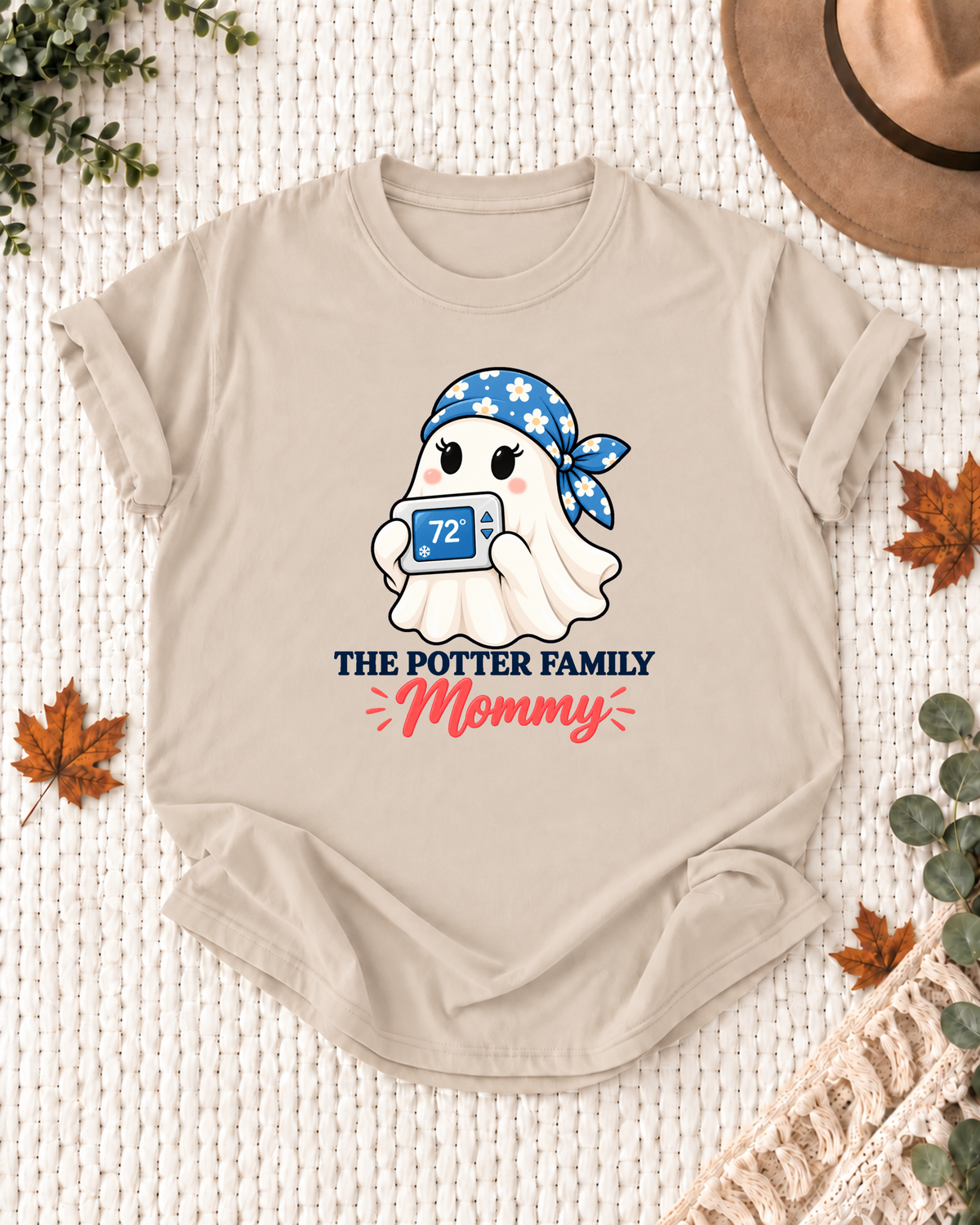 Mommy's Sand personalized Halloween shirt mockup with an HVAC ghost with thermostat and tool details, sample family lettering, and the role label.