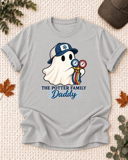 Daddy's Ash Grey personalized Halloween shirt mockup with an HVAC ghost with manifold gauges, sample family lettering, and the role label.