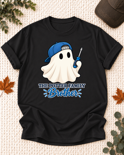 Brother's Black personalized Halloween shirt mockup with an HVAC ghost with screwdriver and service-tool accents, sample family lettering, and the role label.