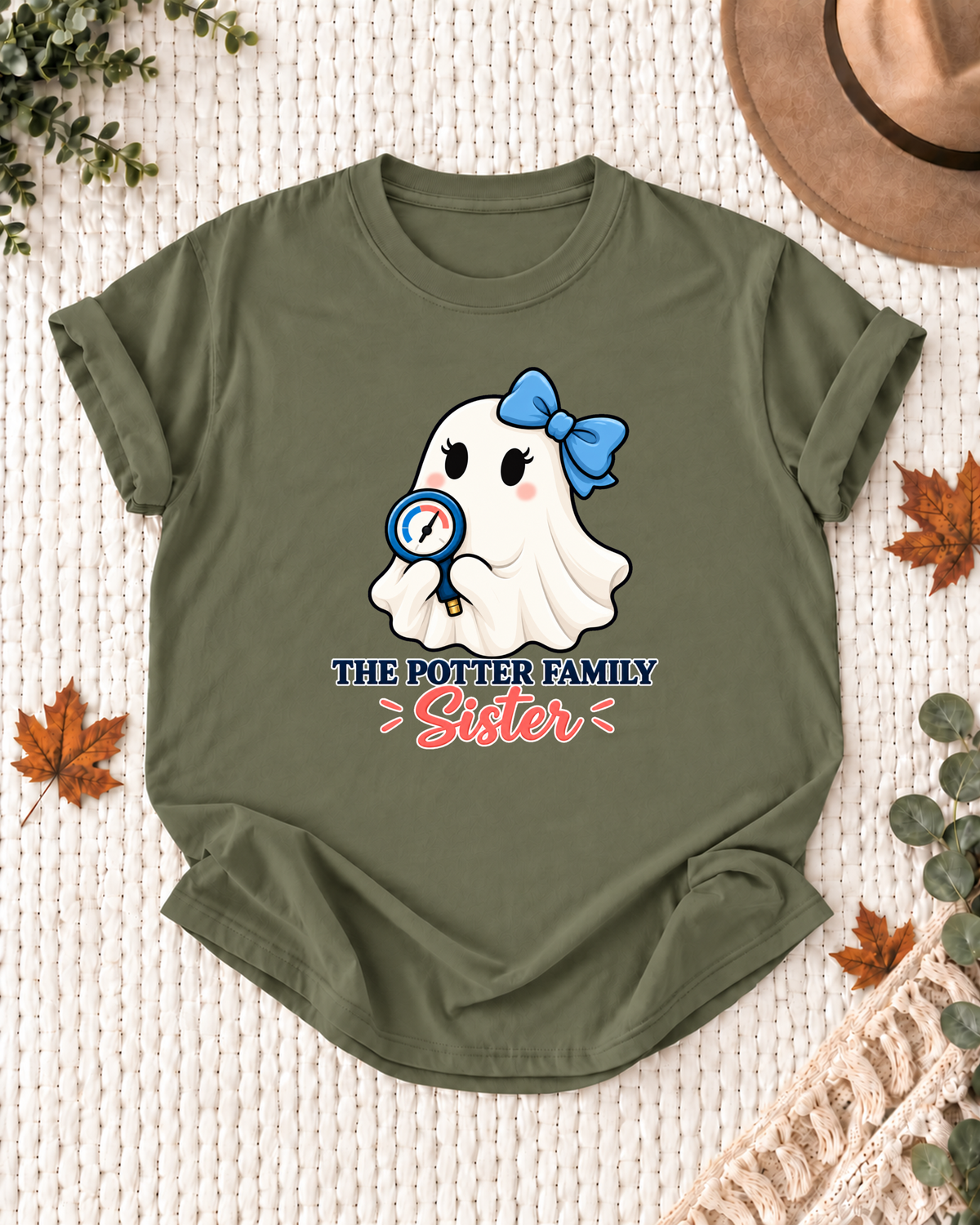 Sister's Olive personalized Halloween shirt mockup with an HVAC ghost with pressure gauge details, sample family lettering, and the role label.