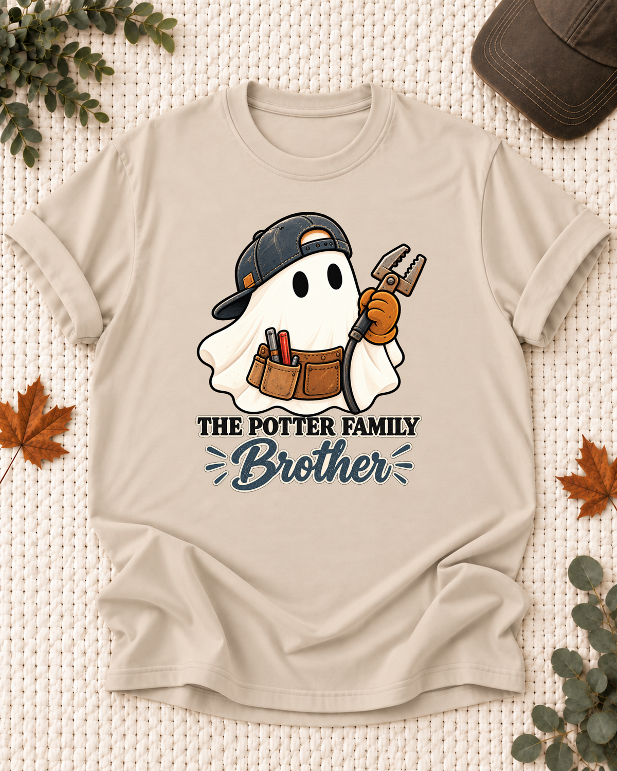 Brother's Sand personalized Halloween shirt mockup with a welder ghost with pliers and welding accents, sample family lettering, and the role label.
