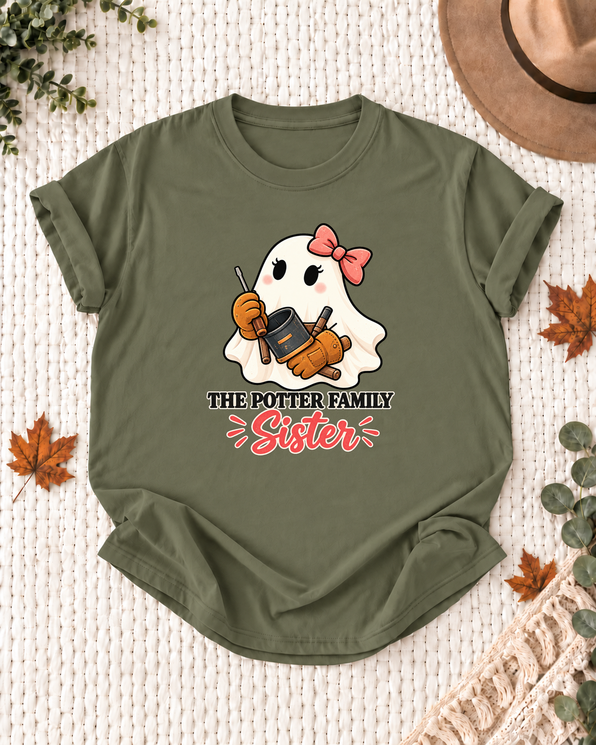Sister's Olive personalized Halloween shirt mockup with a welder ghost with welding rod details, sample family lettering, and the role label.