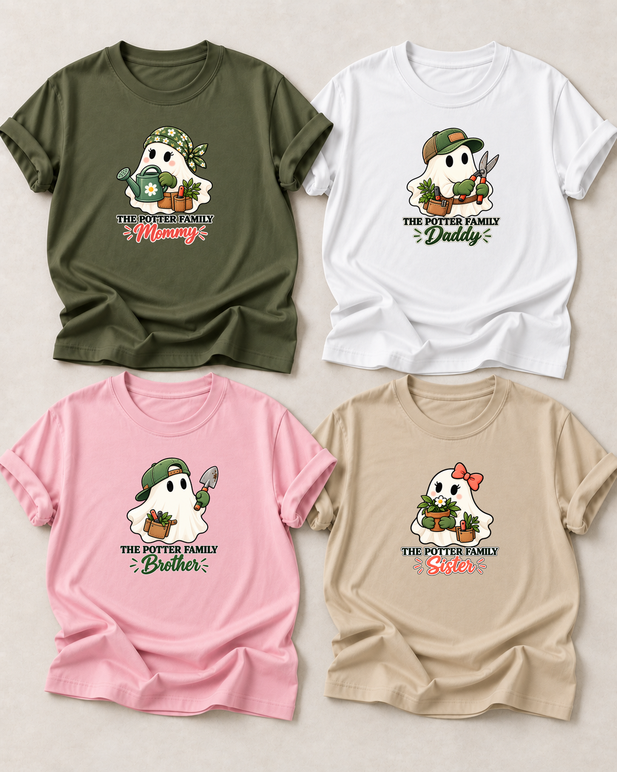 Family overview of four personalized Halloween ghost shirts: Dad in White, Mom in Olive, Brother in Light Pink, and Sister in Sand; each has a role-specific design with gardening ghost characters with watering can, pruning shears, trowel, and potted plants.
