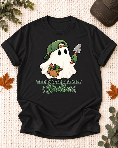 Brother's Black personalized Halloween shirt mockup with a garden ghost with a trowel and potted plant accents, sample family lettering, and the role label.