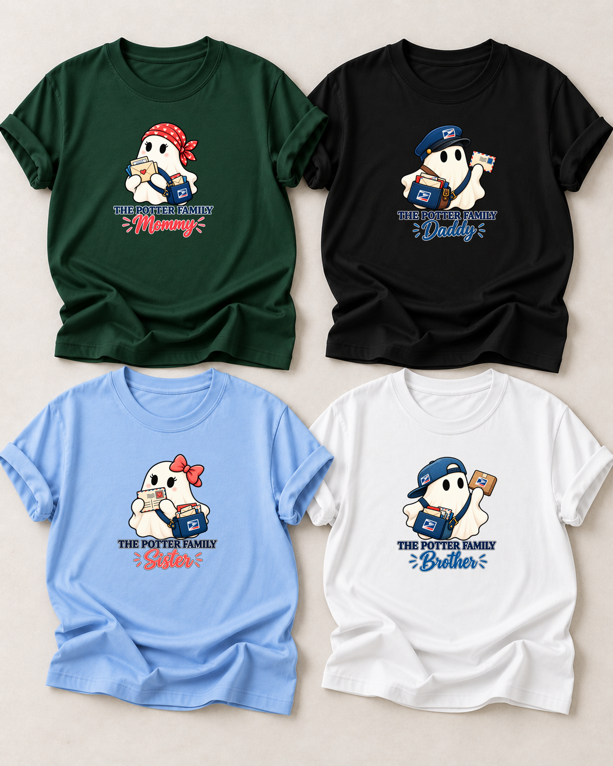 Family overview of four personalized Halloween ghost shirts: Dad in Black, Mom in Dark Green, Brother in White, and Sister in Light Blue; each has a role-specific design with mail carrier ghost characters with postal hats, letters, parcels, and delivery bags.