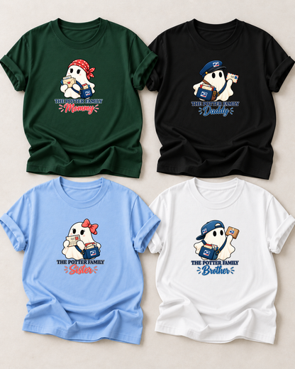 Family overview of four personalized Halloween ghost shirts: Dad in Black, Mom in Dark Green, Brother in White, and Sister in Light Blue; each has a role-specific design with mail carrier ghost characters with postal hats, letters, parcels, and delivery bags.