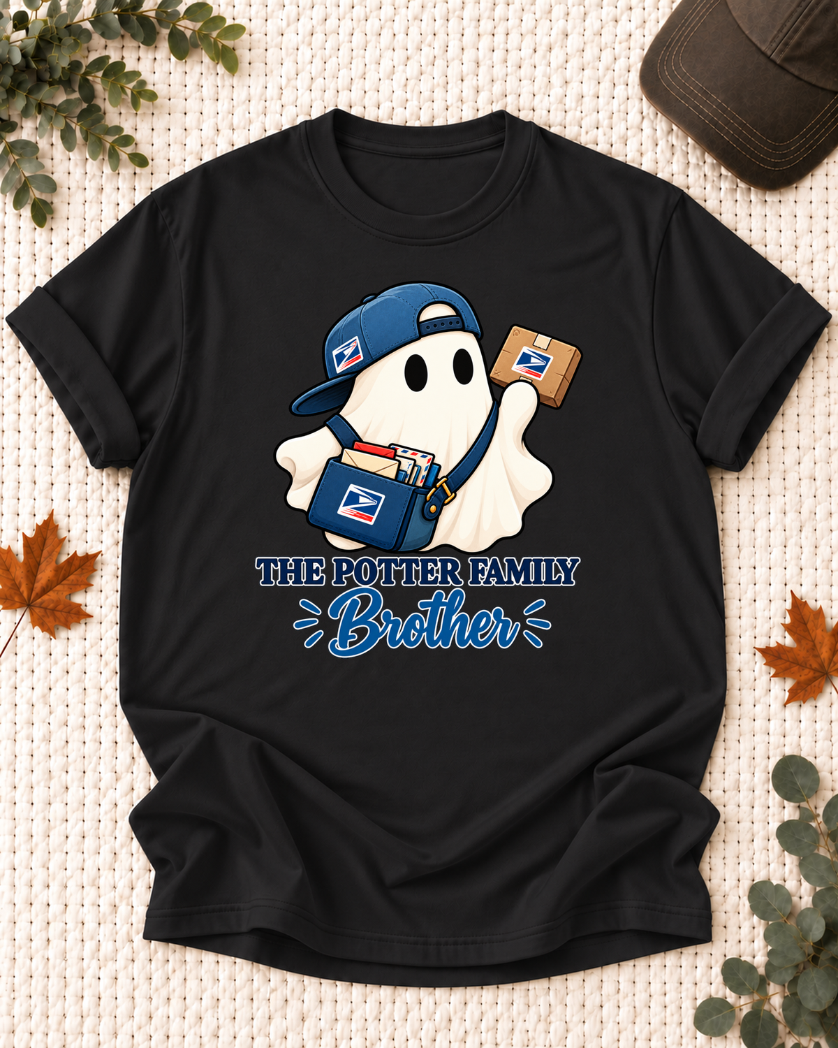 Brother's Black personalized Halloween shirt mockup with a mail carrier ghost with parcel details, sample family lettering, and the role label.