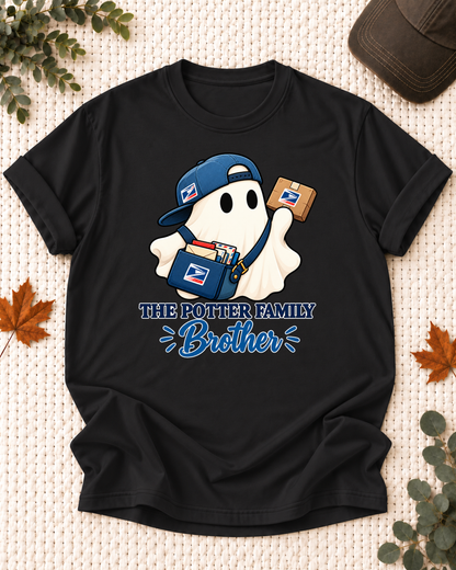 Brother's Black personalized Halloween shirt mockup with a mail carrier ghost with parcel details, sample family lettering, and the role label.
