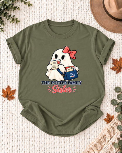 Sister's Olive personalized Halloween shirt mockup with a mail carrier ghost with letters and postal accents, sample family lettering, and the role label.