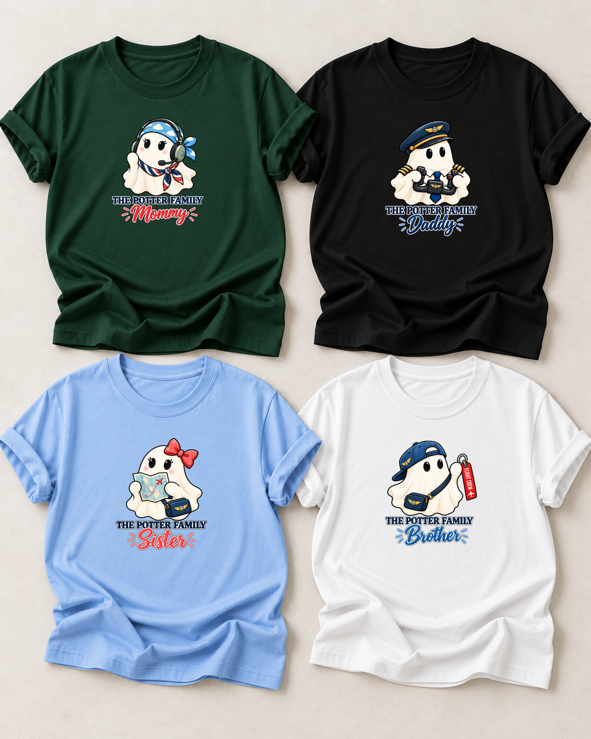 Family overview of four personalized Halloween ghost shirts: Dad in Black, Mom in Dark Green, Brother in White, and Sister in Light Blue; each has a role-specific design with pilot and aviation ghost characters with headset, pilot cap, flight map, and control yoke details.