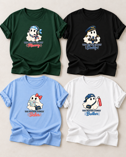 Family overview of four personalized Halloween ghost shirts: Dad in Black, Mom in Dark Green, Brother in White, and Sister in Light Blue; each has a role-specific design with pilot and aviation ghost characters with headset, pilot cap, flight map, and control yoke details.