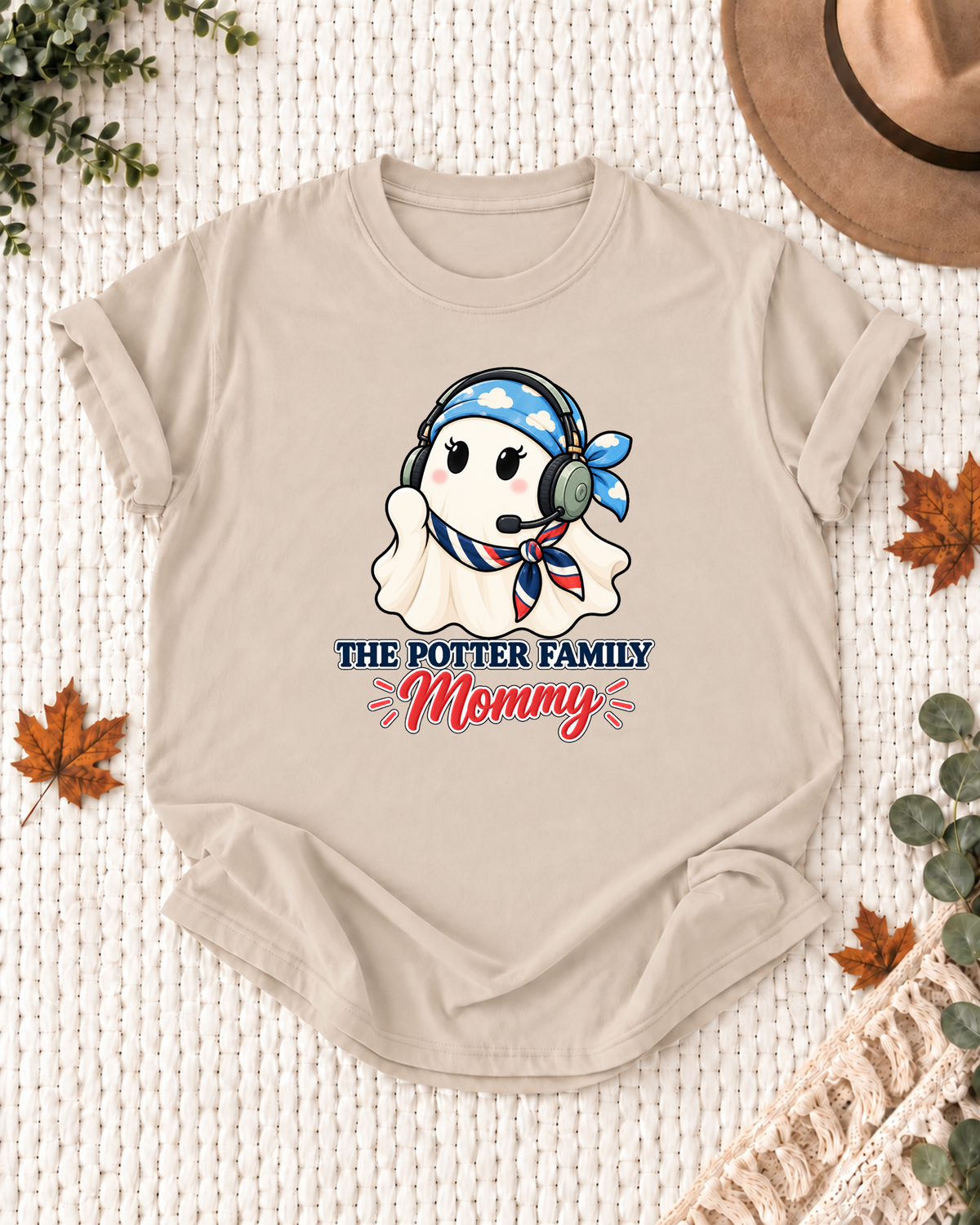 Mommy's Sand personalized Halloween shirt mockup with a pilot ghost with aviation headset details, sample family lettering, and the role label.