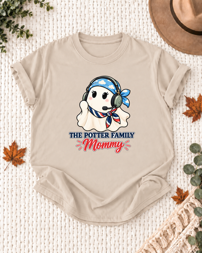 Mommy's Sand personalized Halloween shirt mockup with a pilot ghost with aviation headset details, sample family lettering, and the role label.
