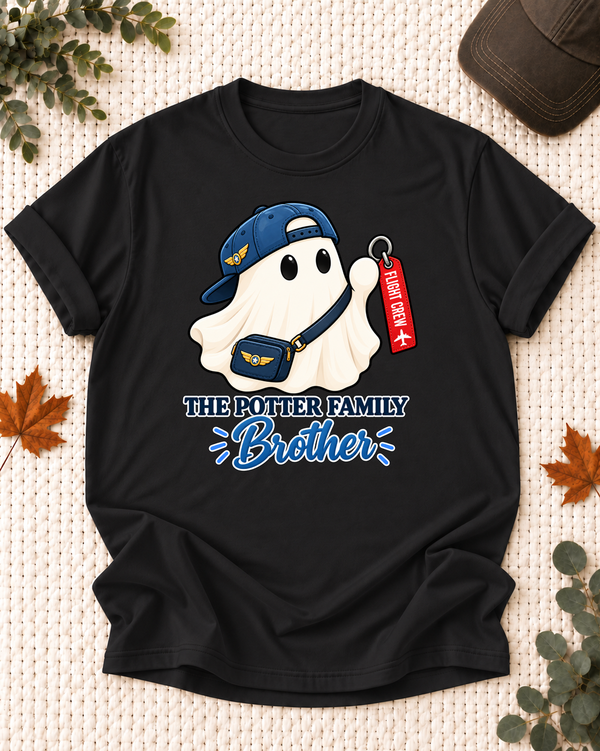 Brother's Black personalized Halloween shirt mockup with a pilot ghost with a flight map, sample family lettering, and the role label.